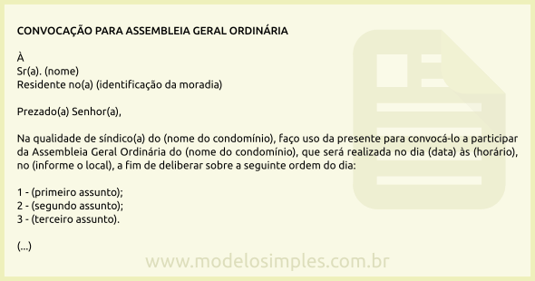 Modelo de Carta de Convocação de Assembleia Geral Ordinária pelo Síndico