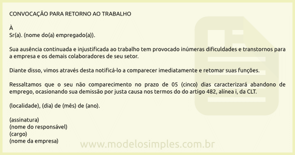 Modelo de Carta de Convocação para Retorno ao Trabalho