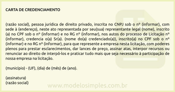 Modelo de Carta de Credenciamento para Licitação