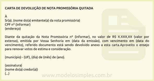 Modelo de Carta de Devolução de Nota Promissória Quitada