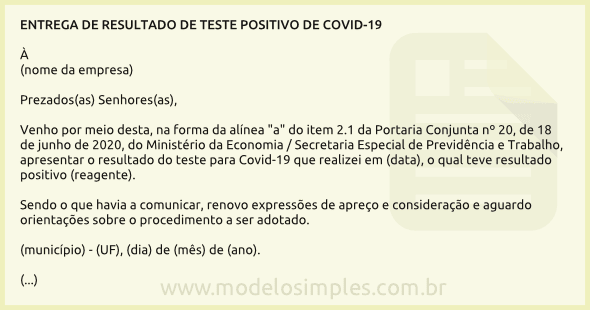 Modelo de Carta de Entrega de Teste Positivo de Covid-19 pelo Empregado