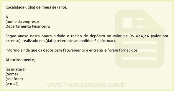 Modelo de Carta de Envio de Recibo de Depósito