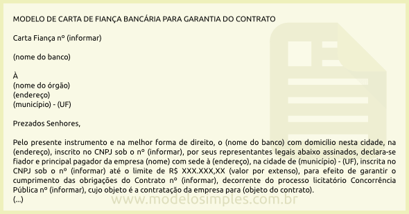 Modelo de Carta de Fiança Bancária