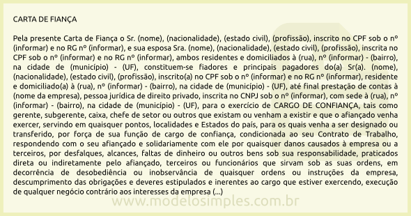 Modelo de Carta de Fiança para Cargo de Confiança