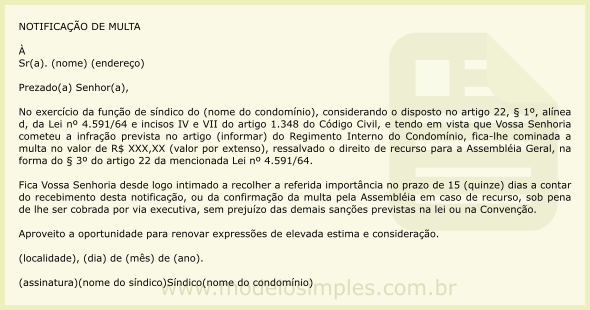 Modelo de Carta de Imposição de Multa Condominial