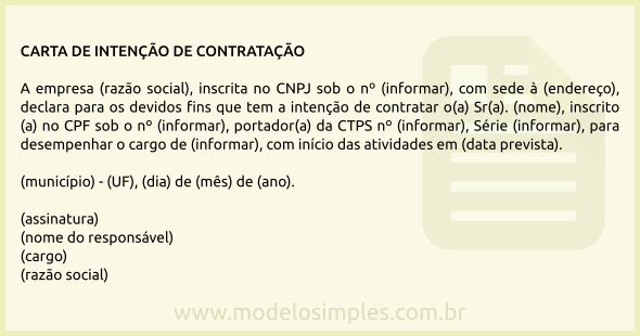 Modelo de Carta de Intenção de Contratação