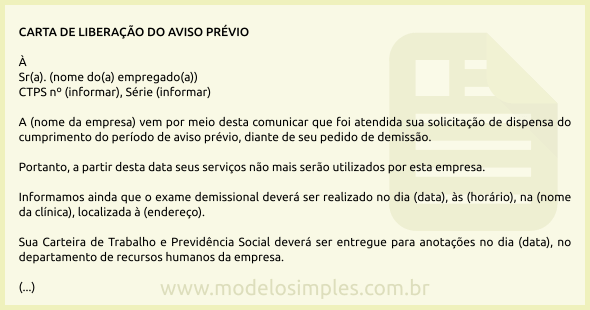 Modelo de Carta de Liberação do Aviso Prévio