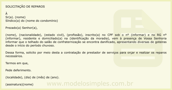 Modelo de Carta de Notificação ao Síndico Solicitando Reparos Necessários