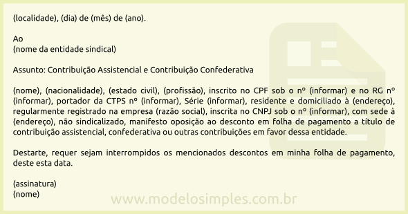 Modelo de Carta de Oposição ao Desconto da Contribuição Sindical