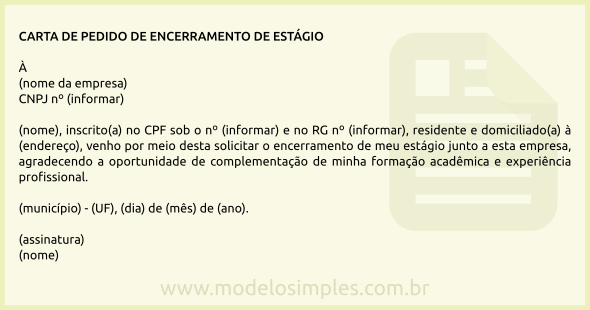 Modelo de Carta de Pedido de Encerramento de Estágio