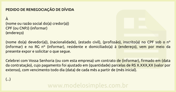 Modelo de Carta de Pedido de Renegociação de Dívida