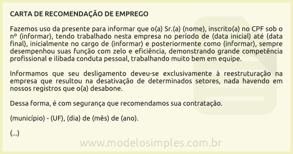 Modelo de Carta de Recomendação de Emprego