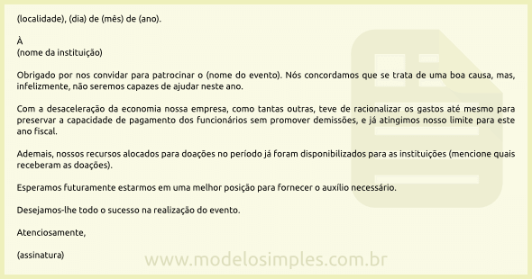 Modelo de Carta de Recusa a um Pedido de Doação