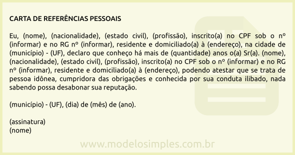 Modelo de Carta de Referências Pessoais