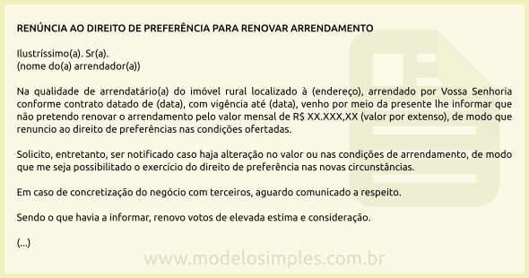 Modelo de Carta de Renúncia à Preferência para Renovar o Arrendamento