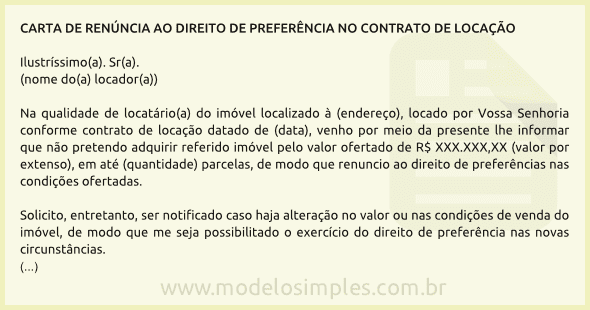 Modelo de Carta de Renúncia ao Direito de Preferência para 