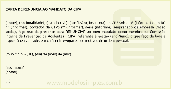 Modelo de Carta de Renúncia ao Mandato da CIPA