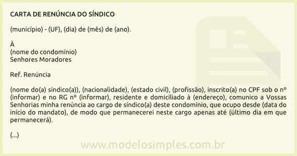 Modelo de Carta de Renúncia do Síndico