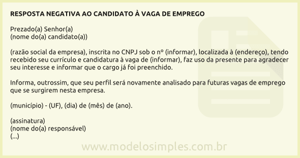 Modelo de Carta de Resposta Negativa ao Candidato à Vaga de Emprego