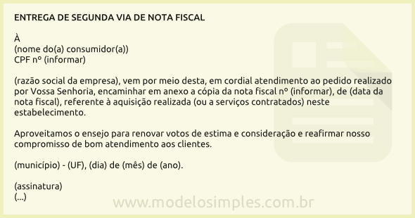 Modelo de Carta de Resposta para Entrega da Segunda Via de Nota Fiscal