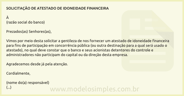 Modelo de Carta de Solicitação de Atestado de Idoneidade Financeira