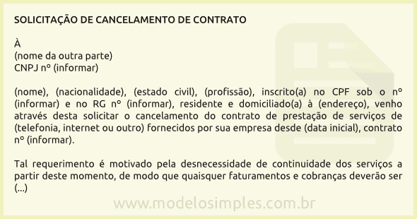 Modelo de Carta de Solicitação de Cancelamento de Contrato