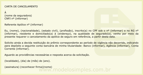 Modelo de Carta de Solicitação de Cancelamento de Seguro