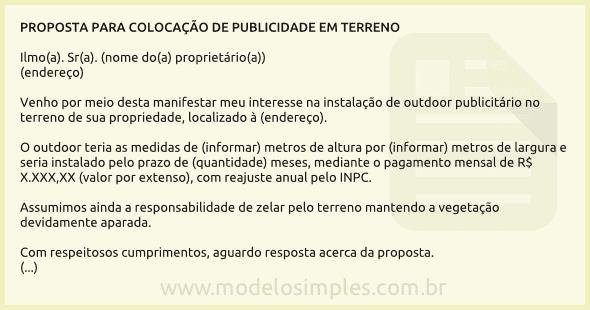 Modelo de Carta Proposta para Colocação de Publicidade em Terreno