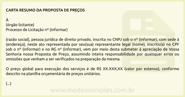 Modelo de Carta Resumo de Proposta de Preços