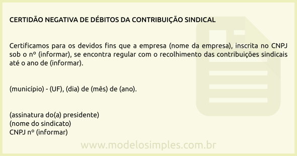 Modelo de Certidão Negativa de Débitos da Contribuição Sindical