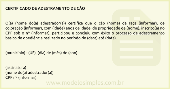 Modelo de Certificado de Adestramento de Cão