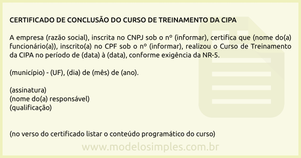 Modelo de Certificado de Conclusão do Curso de Treinamento da CIPA