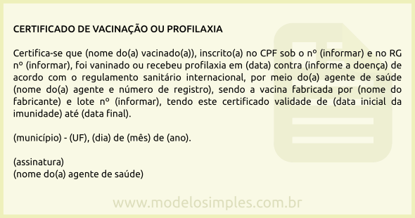 Modelo de Certificado de Vacinação ou Profilaxia