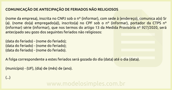 Modelo de Comunicação ao Empregado da Antecipação de Feriados