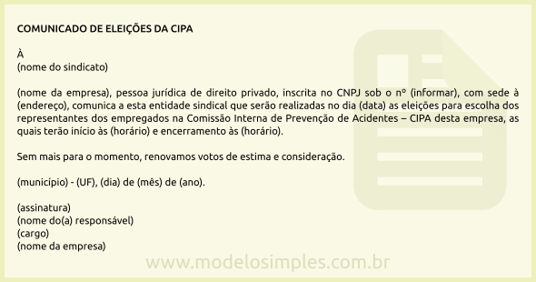 Modelo de Comunicação ao Sindicato das Eleições da CIPA