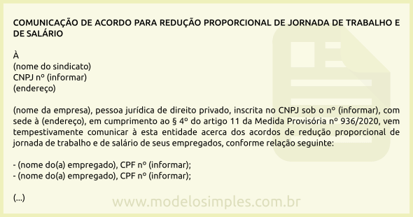 Modelo de Comunicação ao Sindicato do Acordo de Redução de Jornada