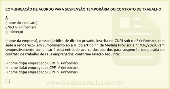 Modelo de Comunicação ao Sindicato do Acordo de Suspensão do Contrato de Trabalho