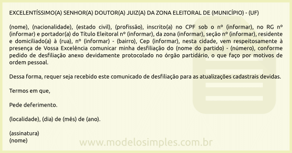 Modelo de Comunicação de Desfiliação Partidária ao Juiz Eleitoral