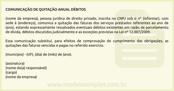 Modelo de Comunicação de Quitação Anual de Débitos