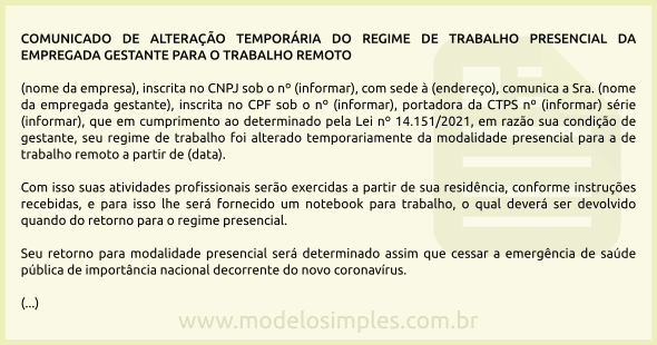 Modelo de Comunicado à Gestante Colocada em Trabalho Remoto na Pandemia