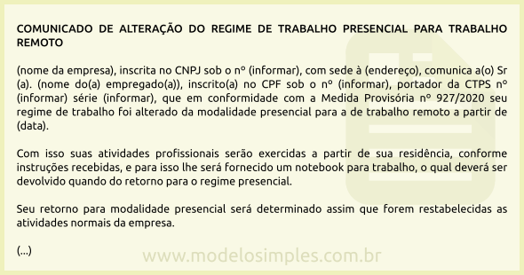 Modelo de Comunicado ao Empregado Colocado em Trabalho Remoto