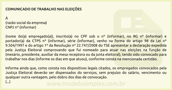 Modelo de Comunicado ao Empregador do Trabalho Realizado nas Eleições