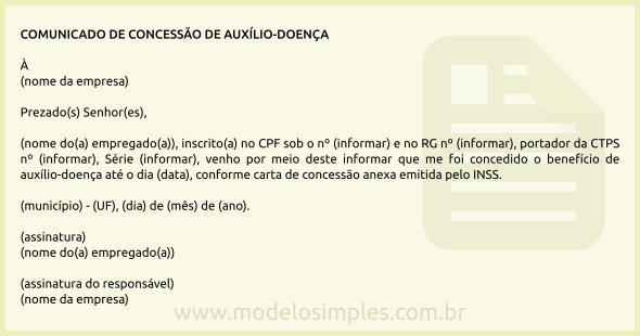 Modelo de Comunicado ao Empregador sobre a Concessão do Auxílio-Doença