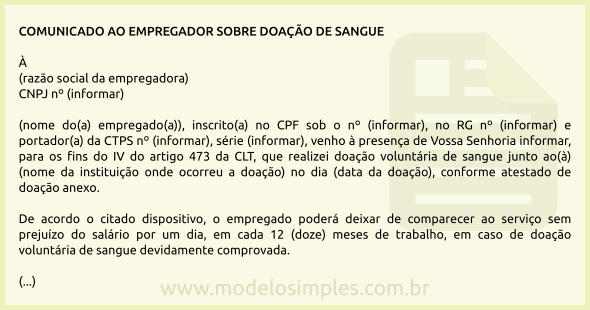 Modelo de Comunicado ao Empregador sobre Doação de Sangue