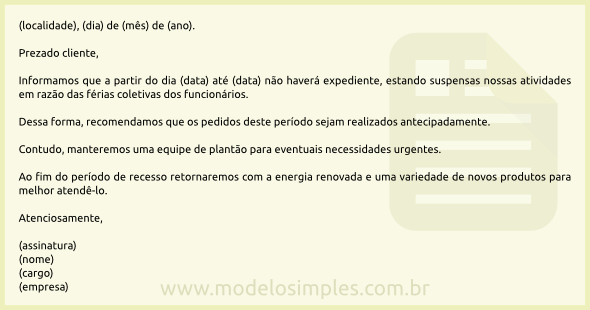 Modelo de Comunicado aos Clientes das Férias Coletivas da Empresa