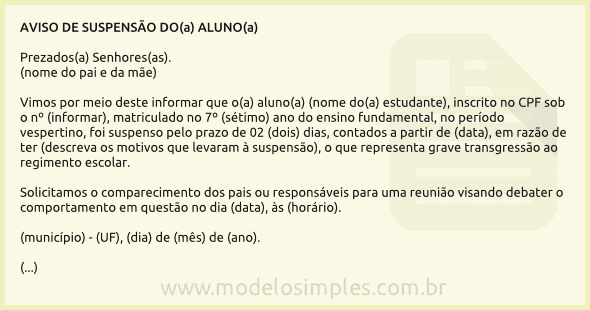 Modelo de Comunicado aos Pais sobre a Suspensão do Aluno