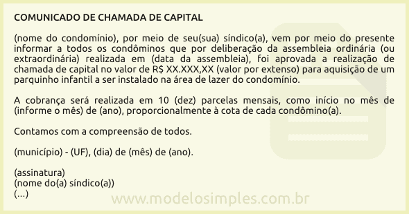 Modelo de Comunicado de Chamada de Capital no Condomínio