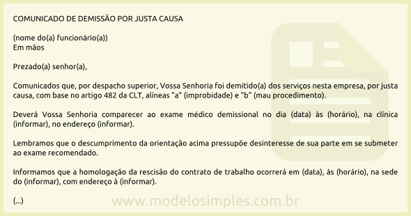 Modelo de Comunicado de Demissão por Justa Causa