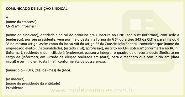 Modelo de Comunicado de Eleição Sindical