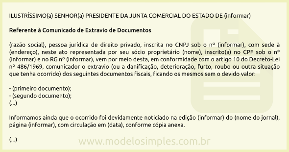 Modelo de Comunicado de Extravio de Documentos à Junta Comercial